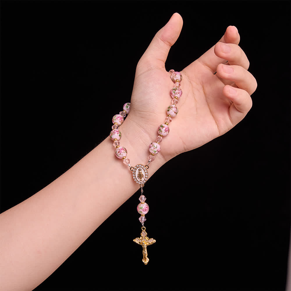 Floral Painted Glass Pocket Car Rosary With Rhinestone Crucifix: Emblem of Gentle Heavenly Peace