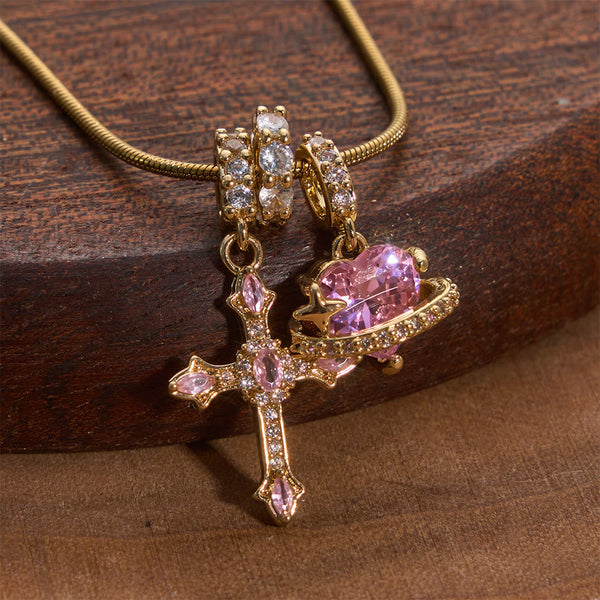 Whimsical Heart Planet & Jeweled Cross Necklace: Symbol of Unfailing Celestial Care