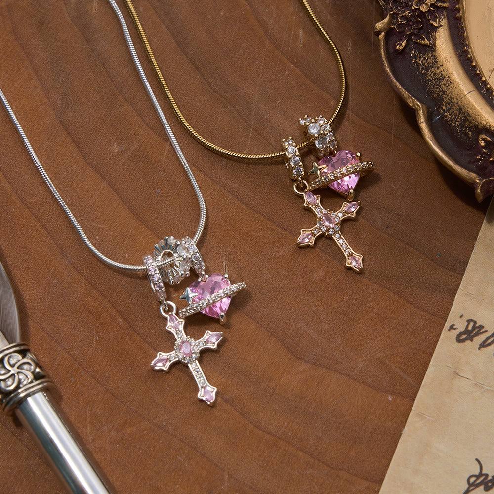 Whimsical Heart Planet & Jeweled Cross Necklace: Symbol of Unfailing Celestial Care