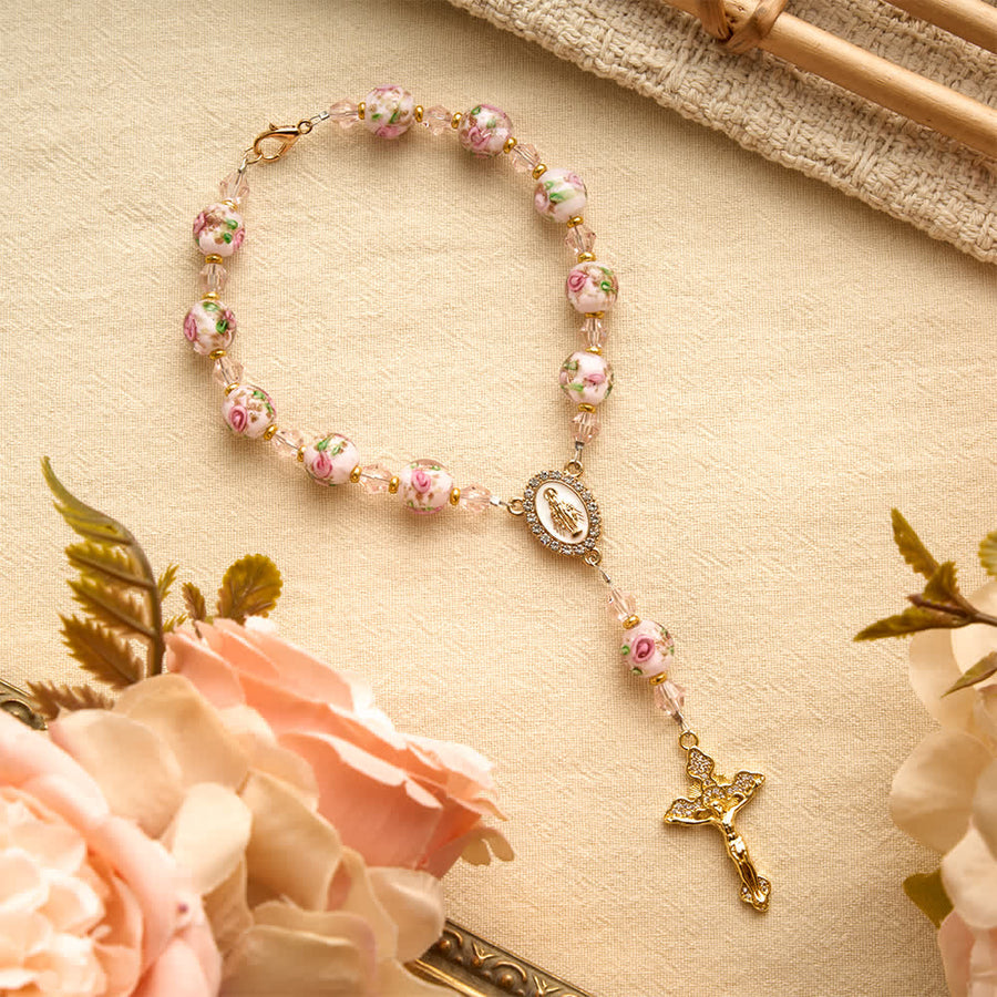 Floral Painted Glass Pocket Car Rosary With Rhinestone Crucifix: Emblem of Gentle Heavenly Peace