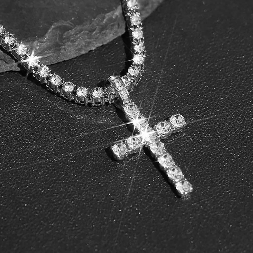 Sparkling Gem Encrusted Cross Pendant Tennis Chain: Token of Divine Calm and Hope