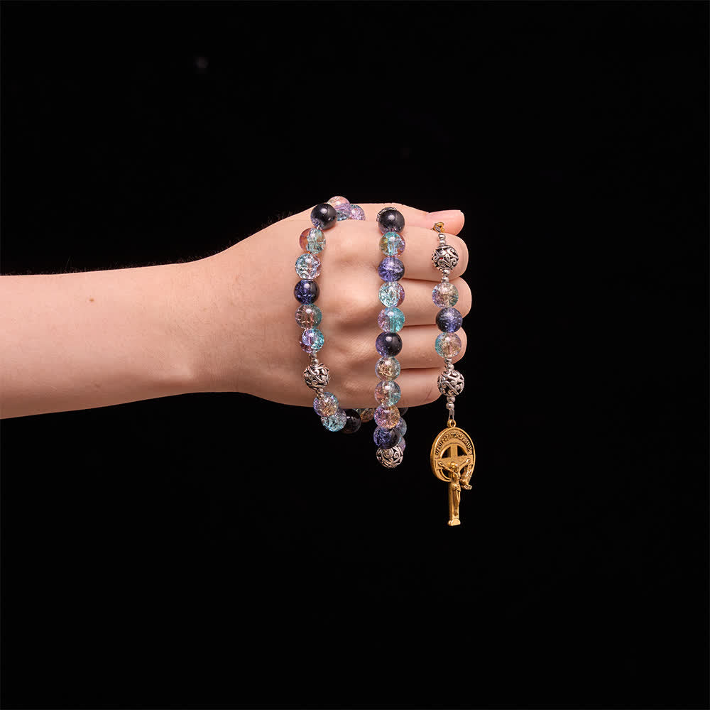 Galaxy Tone Crackle Glass Rosary With Inscribed Crucifix: Emblem of Timeless Sacred Grace