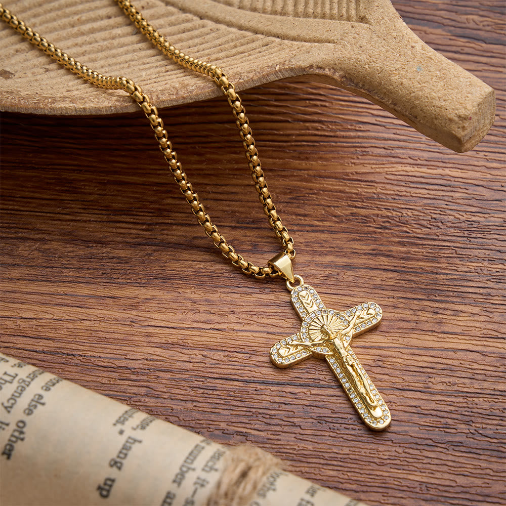 Sparkling Pave Crystal Crucifix Box Chain Necklace: Emblem of Timeless Sacrificial Love