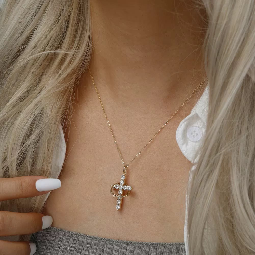 Sparkling Stone Wrapped Ring Cross Necklace: Emblem of Pure Heavenly Grace