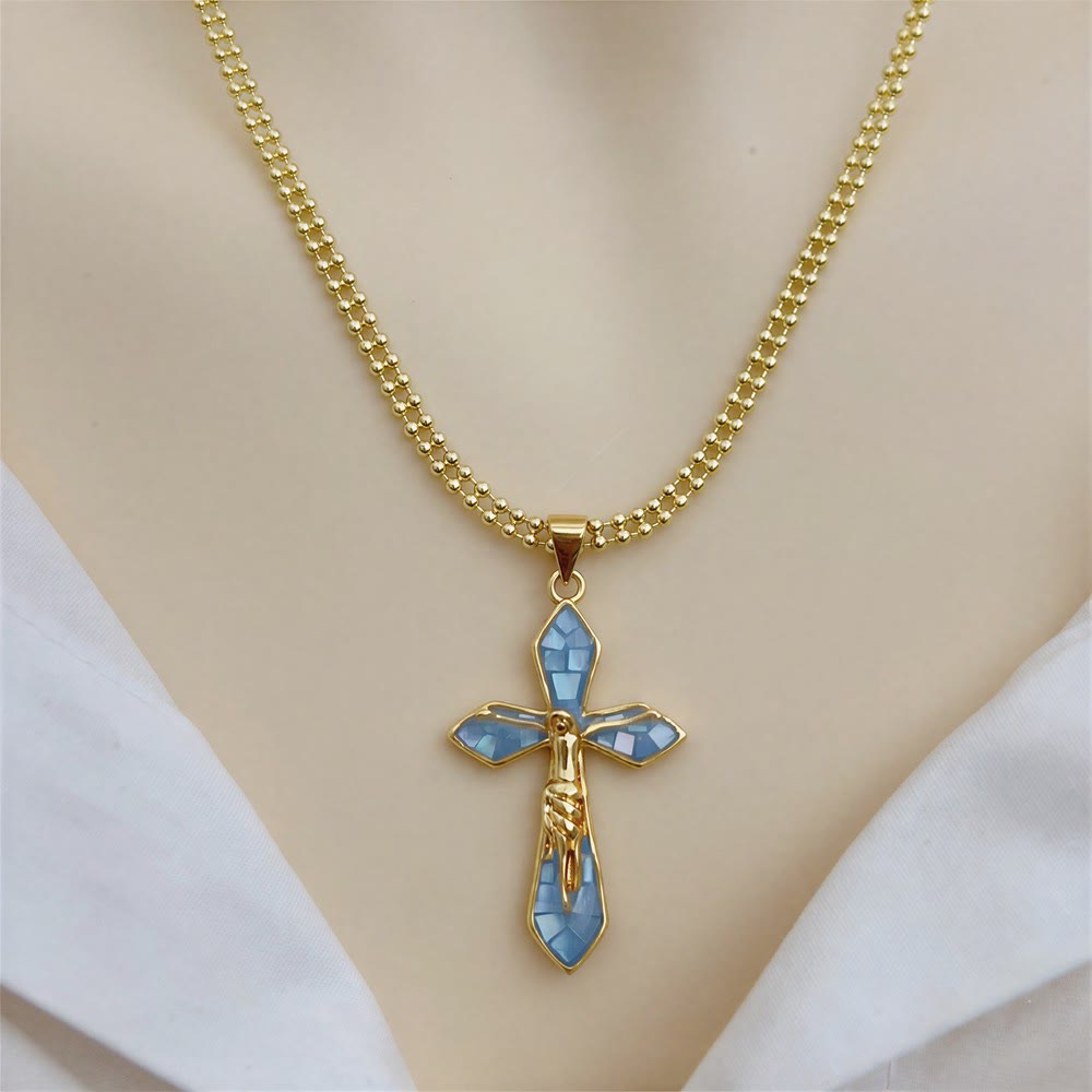 Pastel Shell Inlay Curved Cross Chain: Symbol of Constant Divine Shelter