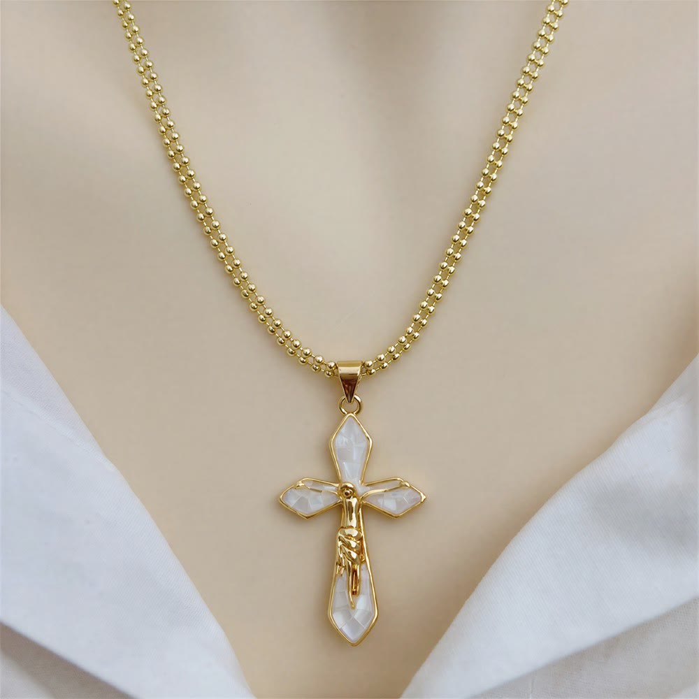 Pastel Shell Inlay Curved Cross Chain: Symbol of Constant Divine Shelter