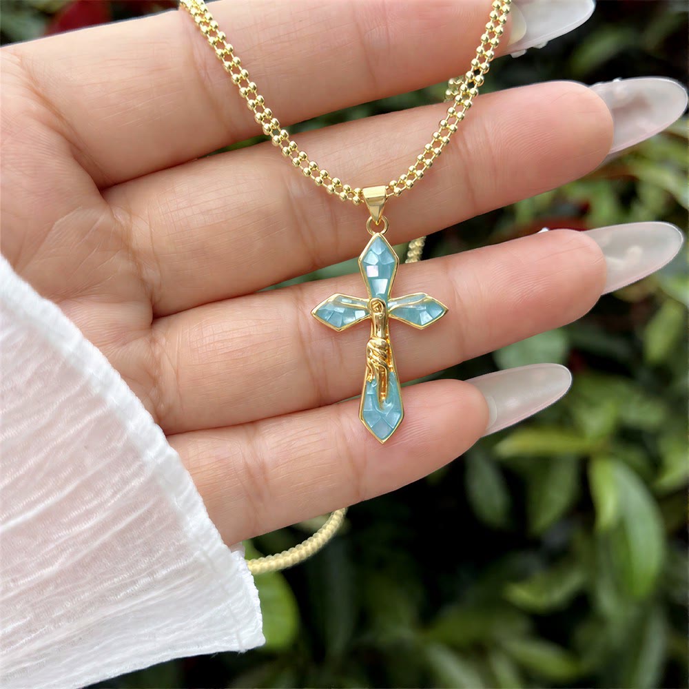 Pastel Shell Inlay Curved Cross Chain: Symbol of Constant Divine Shelter