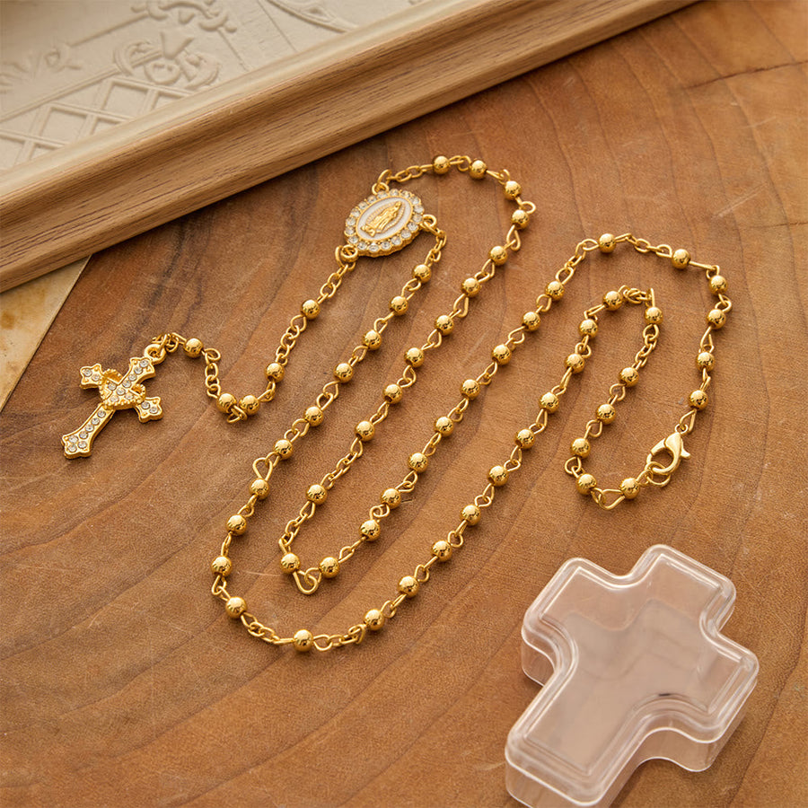 Smooth Bead Metal Chain Rosary With Detailed Crucifix: Emblem of Quiet Heavenly Mercy