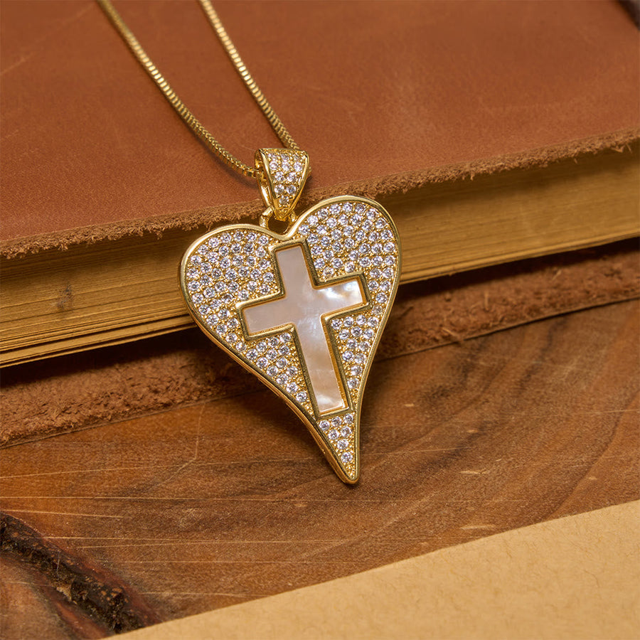 Pave Zircon Heart Necklace With Mother-of-Pearl Cross: Emblem of Sincere Heavenly Devotion