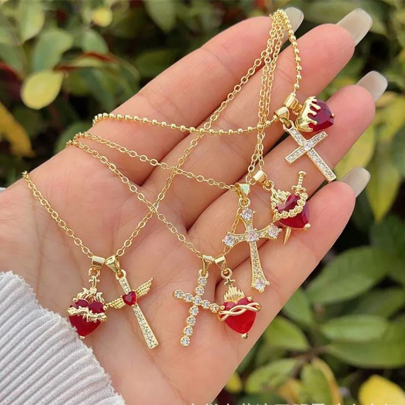 Crystal Cross & Sacred Heart Dual Charm Necklace: Emblem of Tender Heavenly Compassion