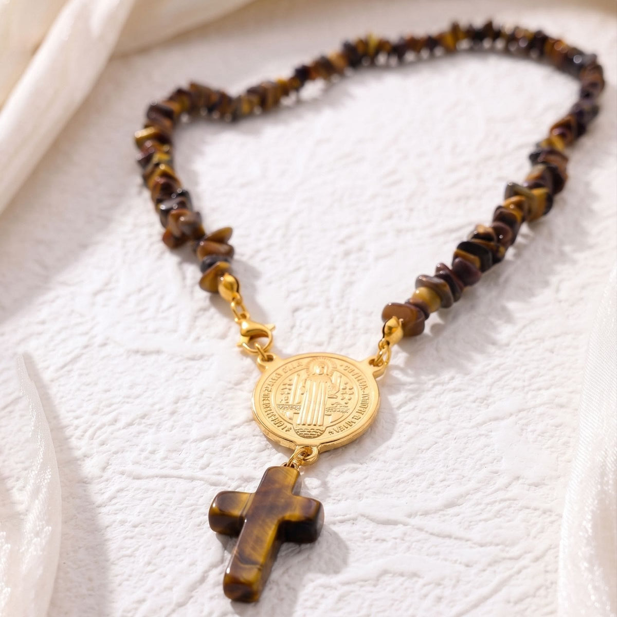 Rustic Stone Beaded Devotion Necklace With Solid Stone Cross: Token of Steadfast Quiet Devotion
