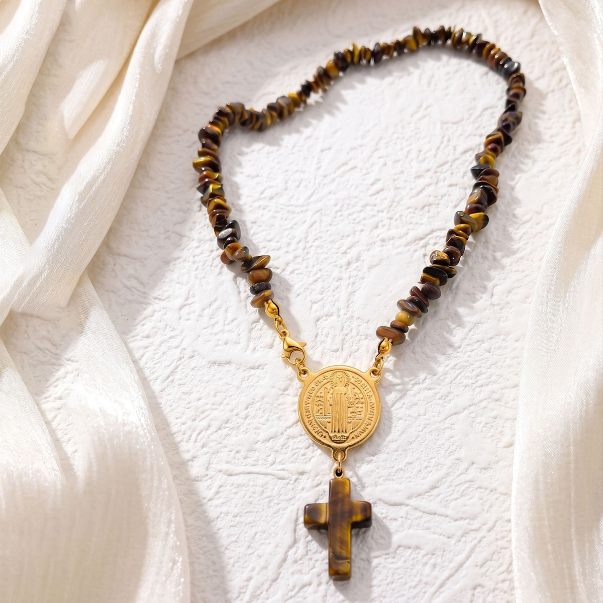 Rustic Stone Beaded Devotion Necklace With Solid Stone Cross: Token of Steadfast Quiet Devotion