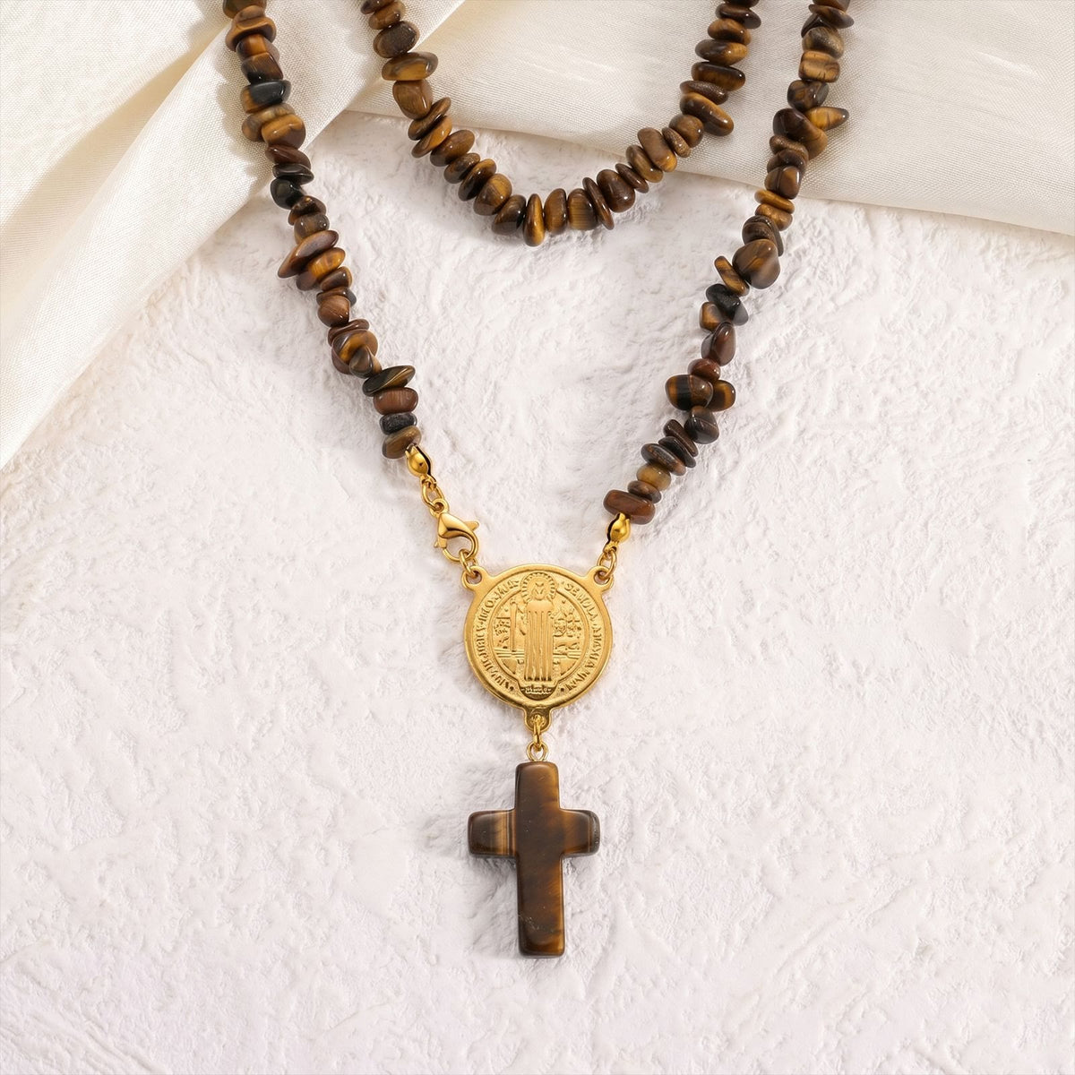 Rustic Stone Beaded Devotion Necklace With Solid Stone Cross: Token of Steadfast Quiet Devotion