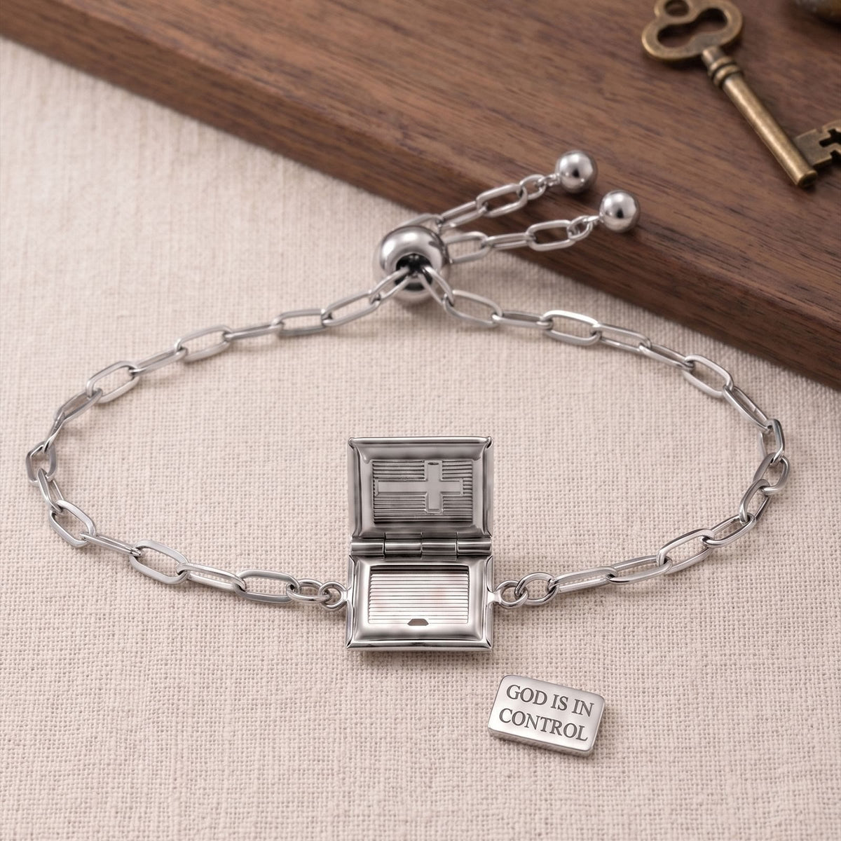 Hinged Book‑Shaped Locket Bracelet With Inner Faith Engraving: Token of Quiet Abiding Assurance