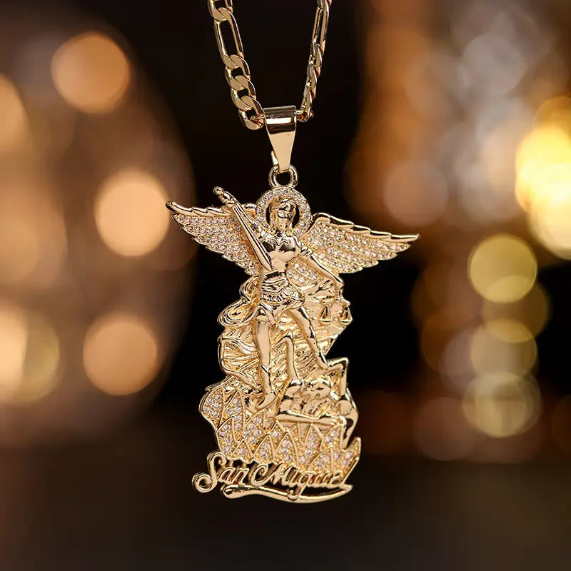 Saint Michael Archangel Pendant Necklace Cubic Zirconia Inlaid Guardian Angel Chain