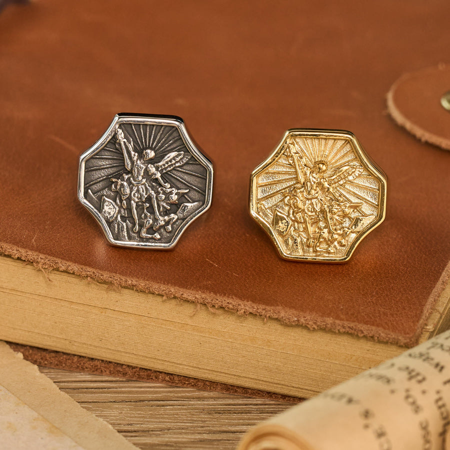 Octagonal Embossed Archangel Sculpted Ring: Emblem of Valiant Heavenly Protection