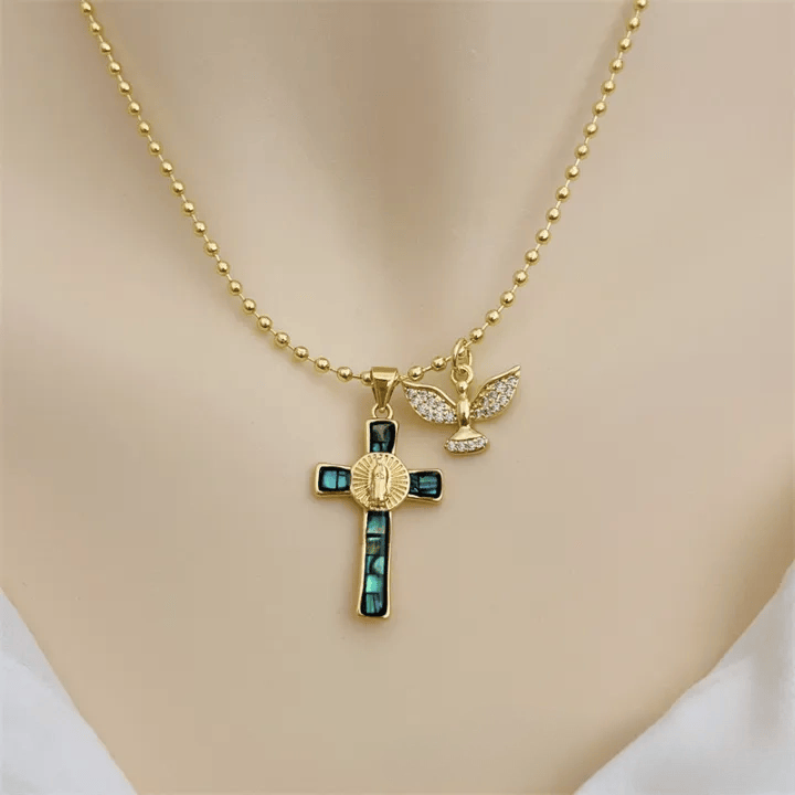 Holy Spirit Pastel Inlaid Cross Necklace Emblem of Heavenly Protection