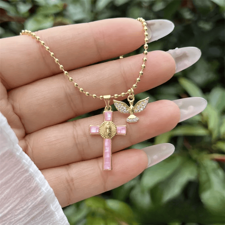 Holy Spirit Pastel Inlaid Cross Necklace Emblem of Heavenly Protection
