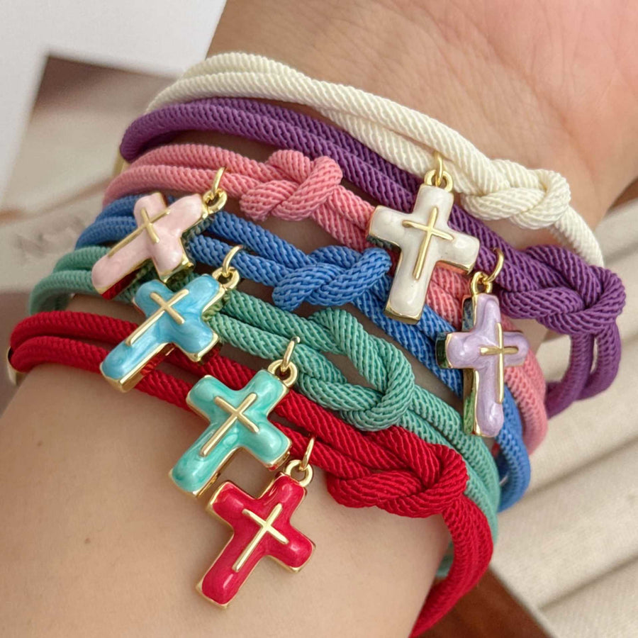 Soft Knotted Cord Cross Charm Bracelet: Emblem of Gentle Heavenly Comfort