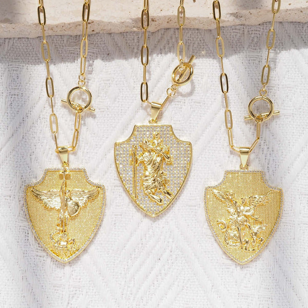 Ornate Shield‑Shaped Saint Pendant Necklace: Emblem of Mighty Heavenly Protection