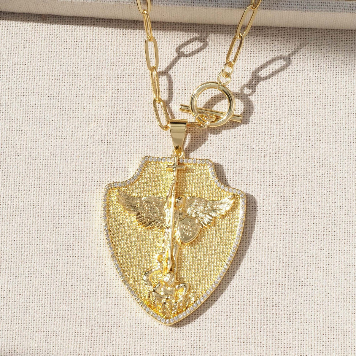 Ornate Shield‑Shaped Saint Pendant Necklace: Emblem of Mighty Heavenly Protection