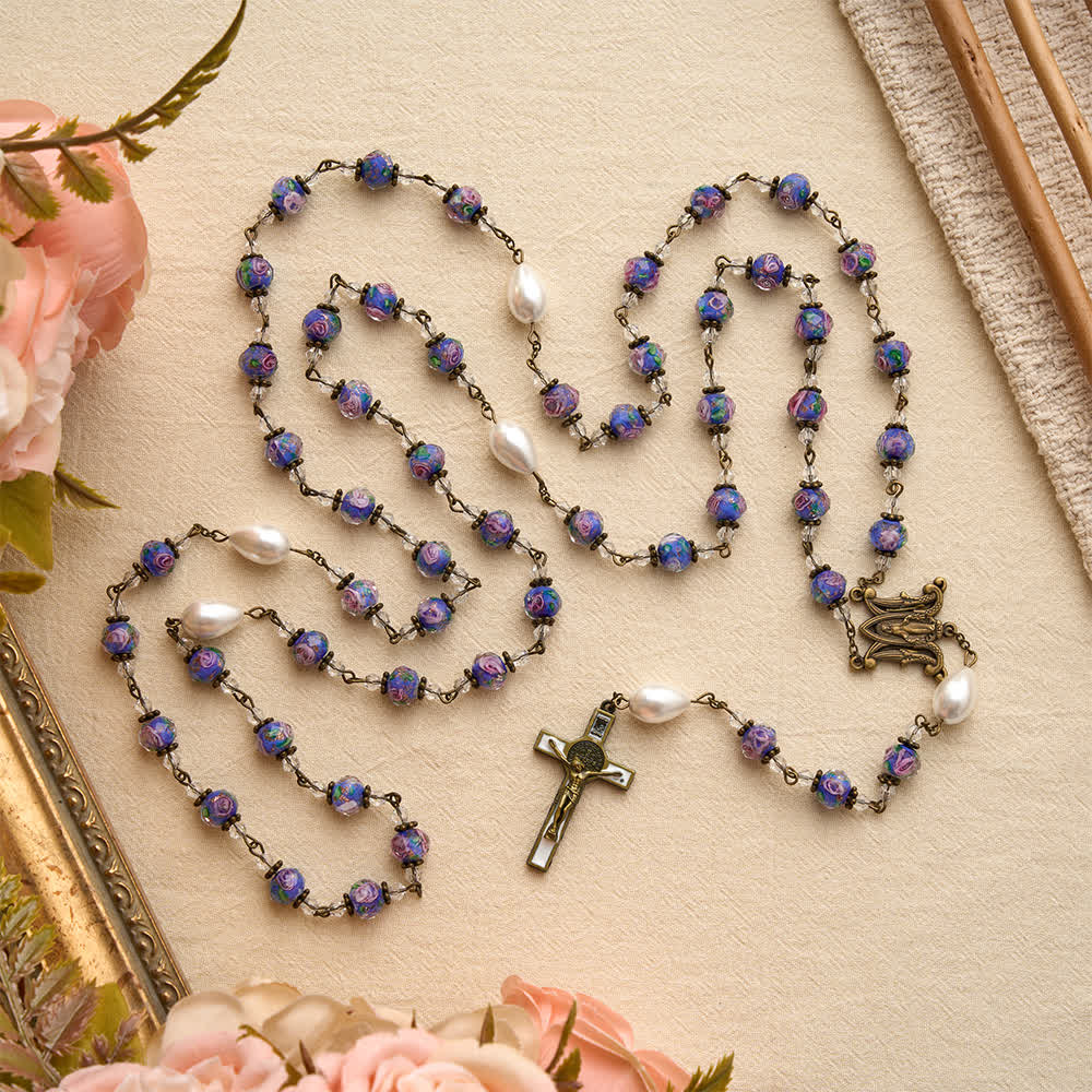 Antique‑Tone Chain Blue Glass Floral Beads Rosary With Our Lady Medallion & Detailed Crucifix