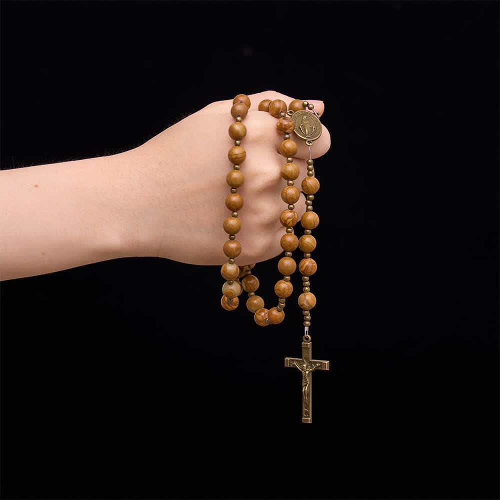 Polished Wood‑Pattern Stone Rosary With Our Lady Medallion: Emblem of Grounded Heavenly Solace