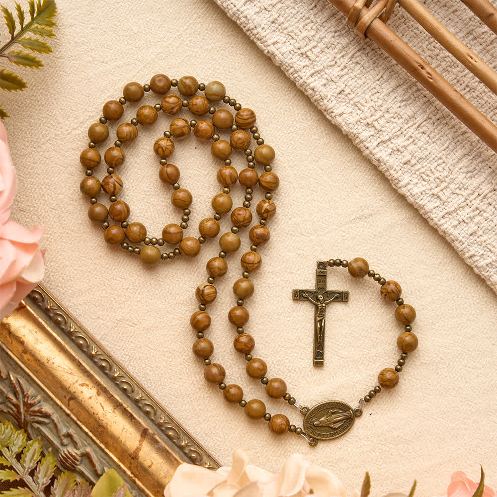 Polished Wood‑Pattern Stone Rosary With Our Lady Medallion: Emblem of Grounded Heavenly Solace