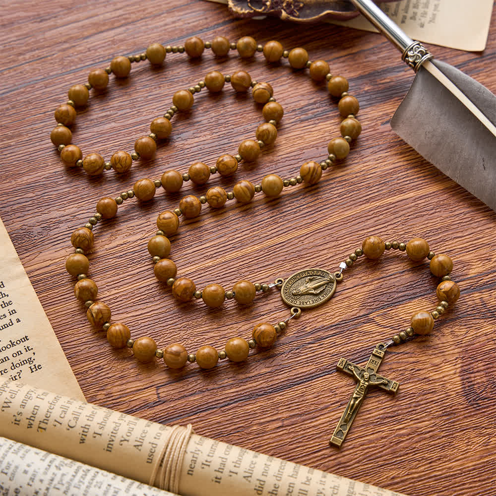 Polished Wood‑Pattern Stone Rosary With Our Lady Medallion: Emblem of Grounded Heavenly Solace