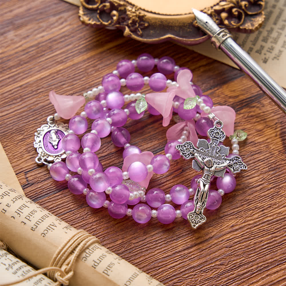 Luminous Resin Cat‑Eye Bead Rosary With Delicate Lily Accents: Emblem of Gentle Heavenly Solace