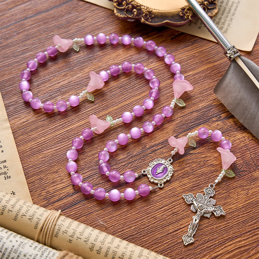 Luminous Resin Cat‑Eye Bead Rosary With Delicate Lily Accents: Emblem of Gentle Heavenly Solace