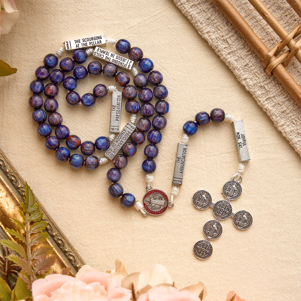 Engraved Scripture‑Node Resin Bead Rosary With St.Benedict Cross: Emblem of Focused Heavenly Solace