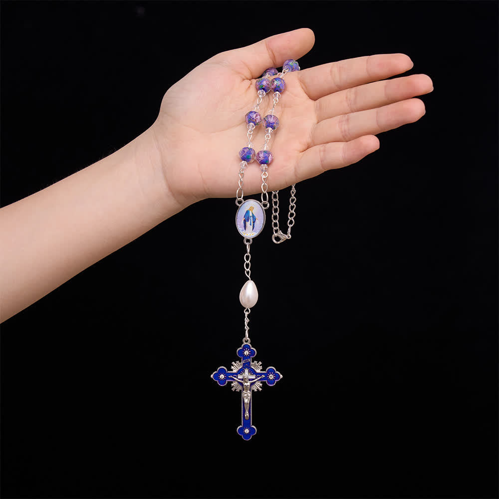 Compact Floral Glass Pocket & Car Rosary With Our Lady Medallion: Emblem of Gentle Heavenly Solace
