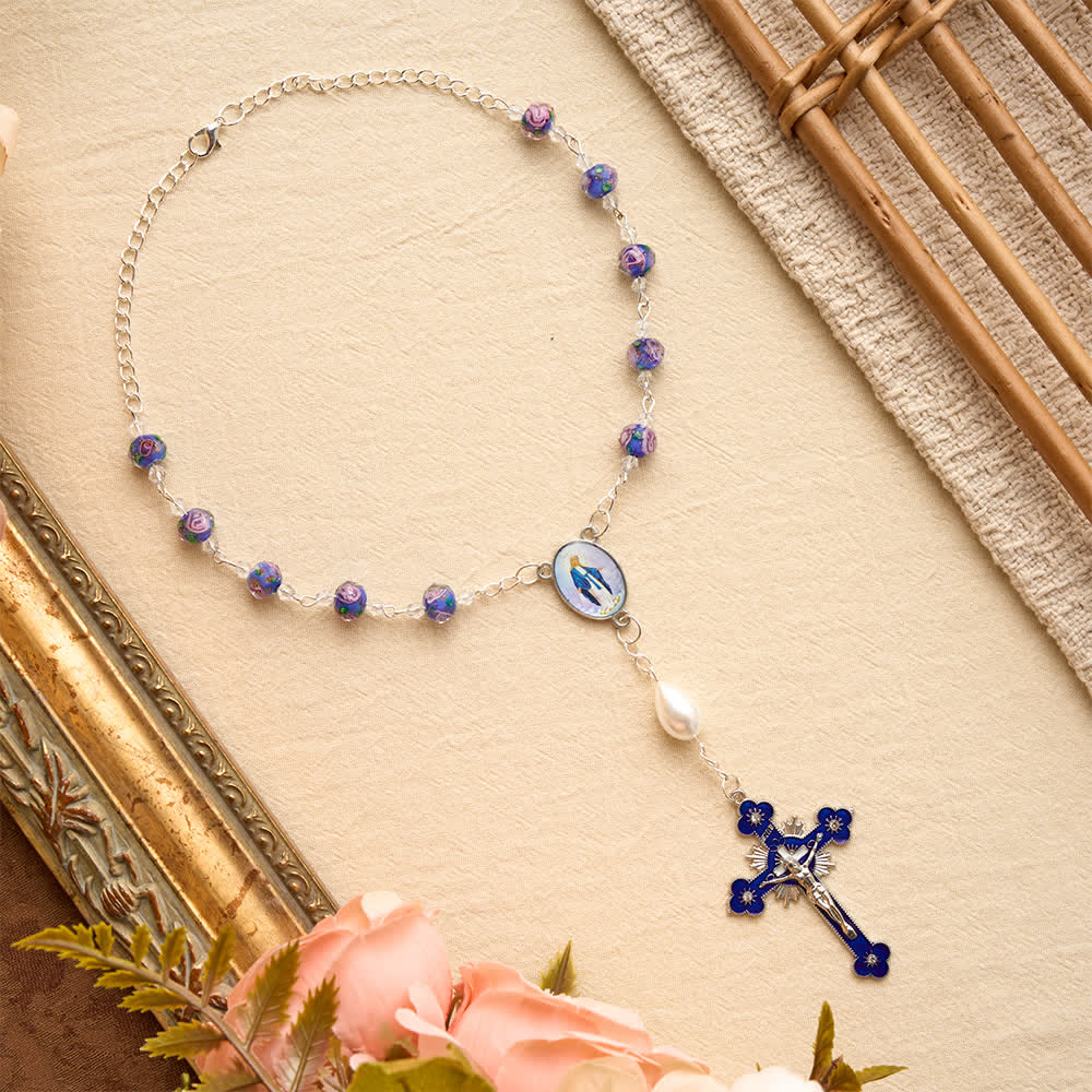 Compact Floral Glass Pocket & Car Rosary With Our Lady Medallion: Emblem of Gentle Heavenly Solace