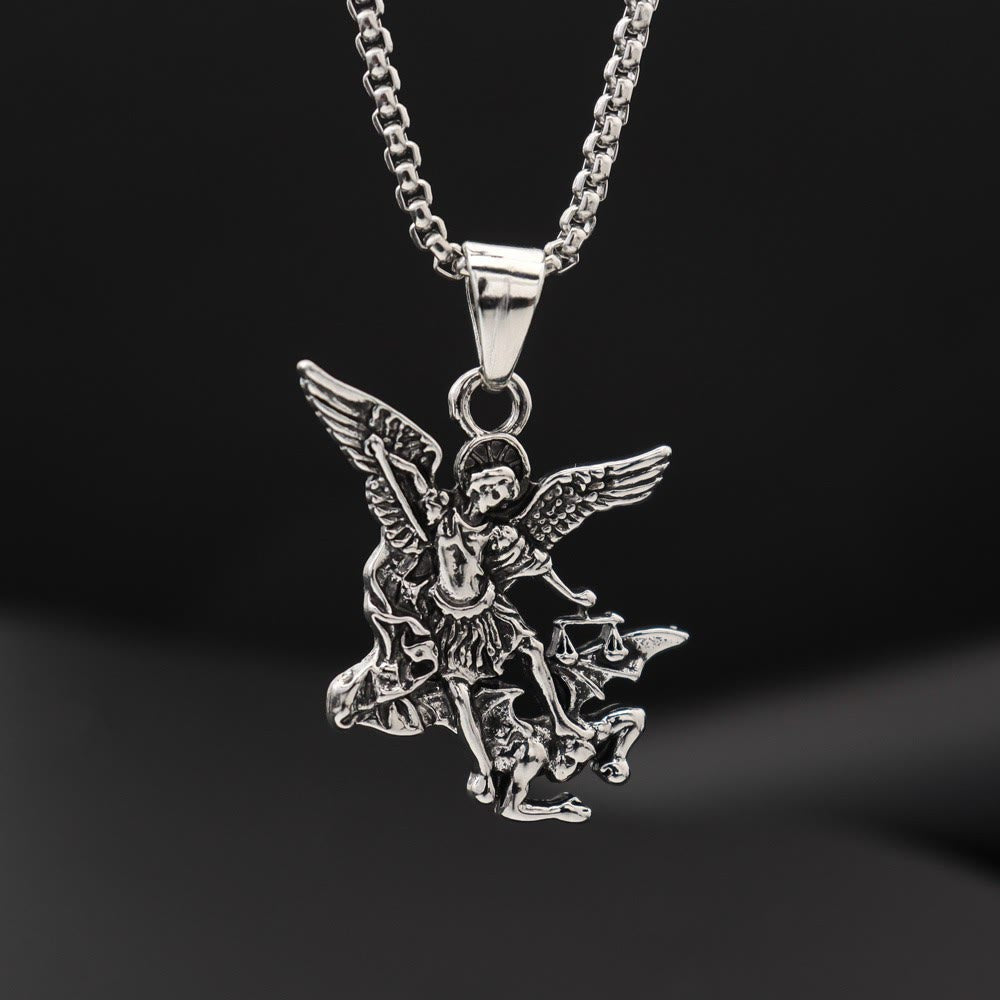 Intricate Sculpted St.Michael Pendant Necklace With Justice Scales: Emblem Of Mighty Heavenly Safeguard