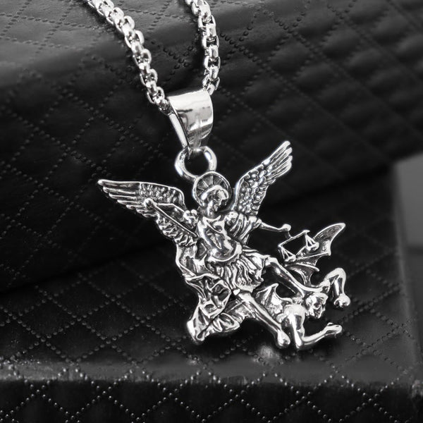 Intricate Sculpted St.Michael Pendant Necklace With Justice Scales: Emblem Of Mighty Heavenly Safeguard