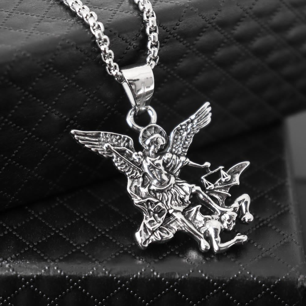Intricate Sculpted St.Michael Pendant Necklace With Justice Scales: Emblem Of Mighty Heavenly Safeguard