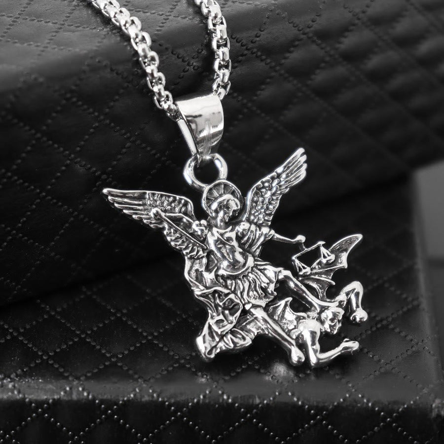 Intricate Sculpted St.Michael Pendant Necklace With Justice Scales: Emblem Of Mighty Heavenly Safeguard
