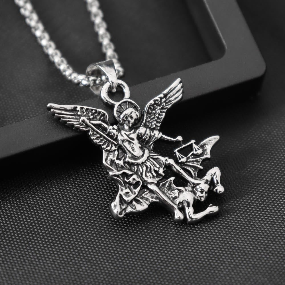 Intricate Sculpted St.Michael Pendant Necklace With Justice Scales: Emblem Of Mighty Heavenly Safeguard