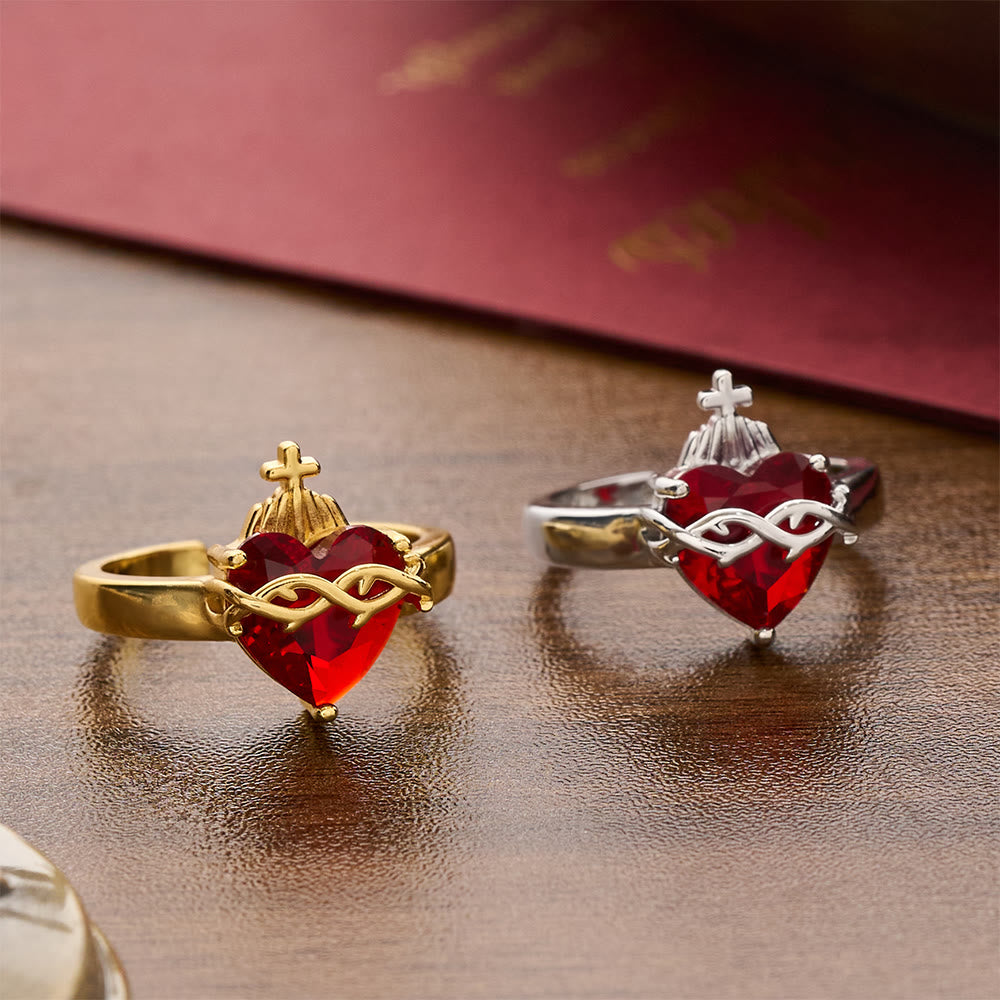 Sculpted Sacred Heart Open Band Ring: Emblem Of Tender Heavenly Shelter