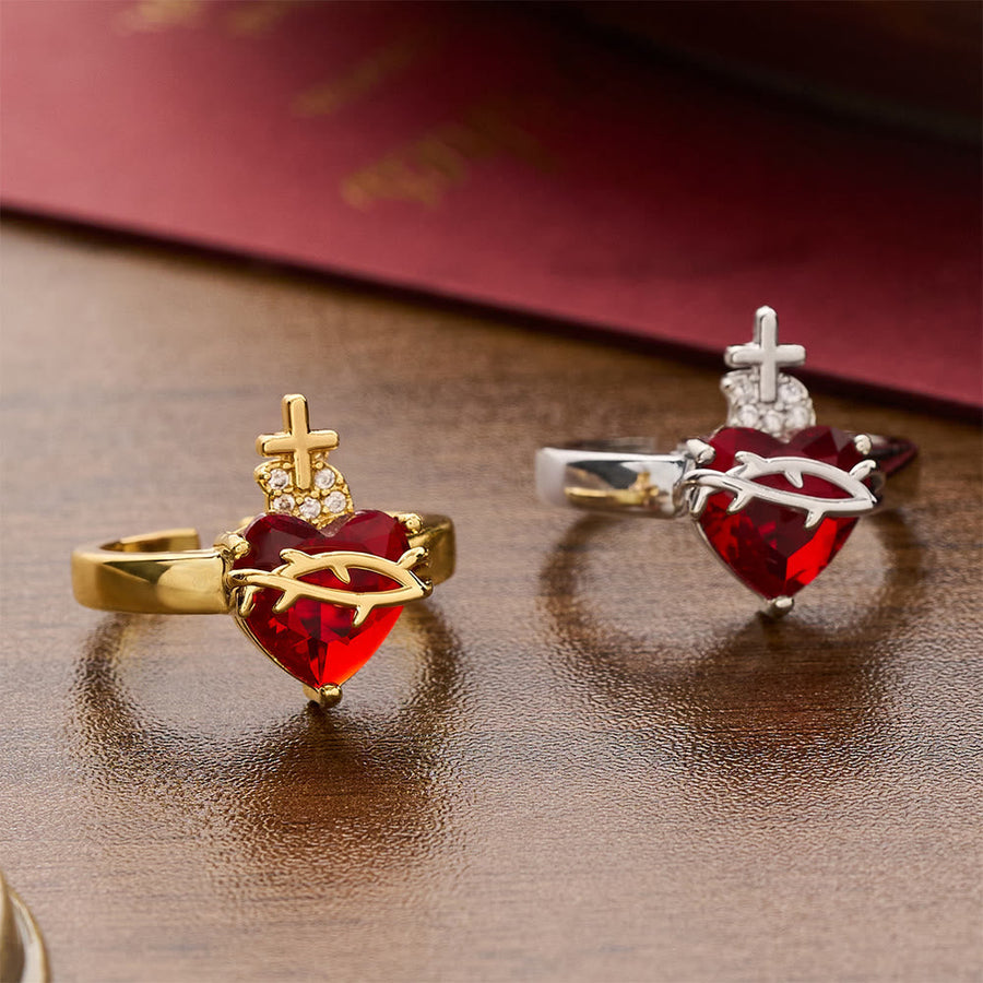 Sculpted Sacred Heart Open Band Ring: Emblem Of Tender Heavenly Shelter