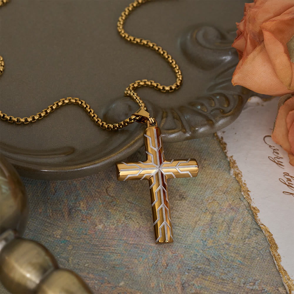 Gloss Golden & Blue Lightning Pattern Engraved Cross Pendant Necklace: Timeless Emblem of Gentle Heavenly Guardianship