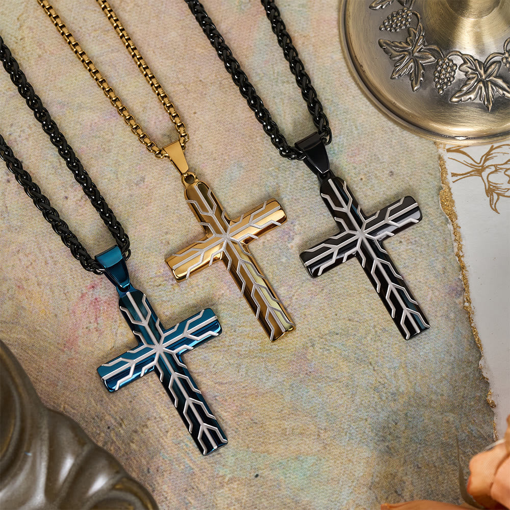 Gloss Golden & Blue Lightning Pattern Engraved Cross Pendant Necklace: Timeless Emblem of Gentle Heavenly Guardianship