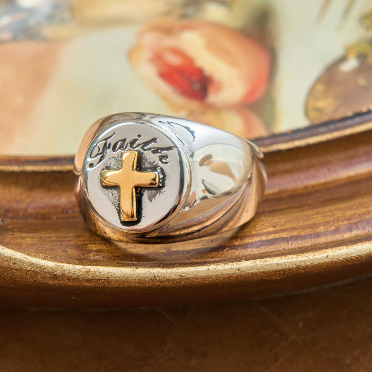 Relief Motif Signet Ring Cross And Holy Spirit Charms: Emblem of Serene Divine Inspiration