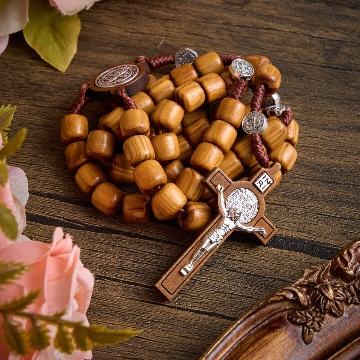 Wooden Bead Rosary With Detailed Crucifix: Emblem of Heavenly Solace