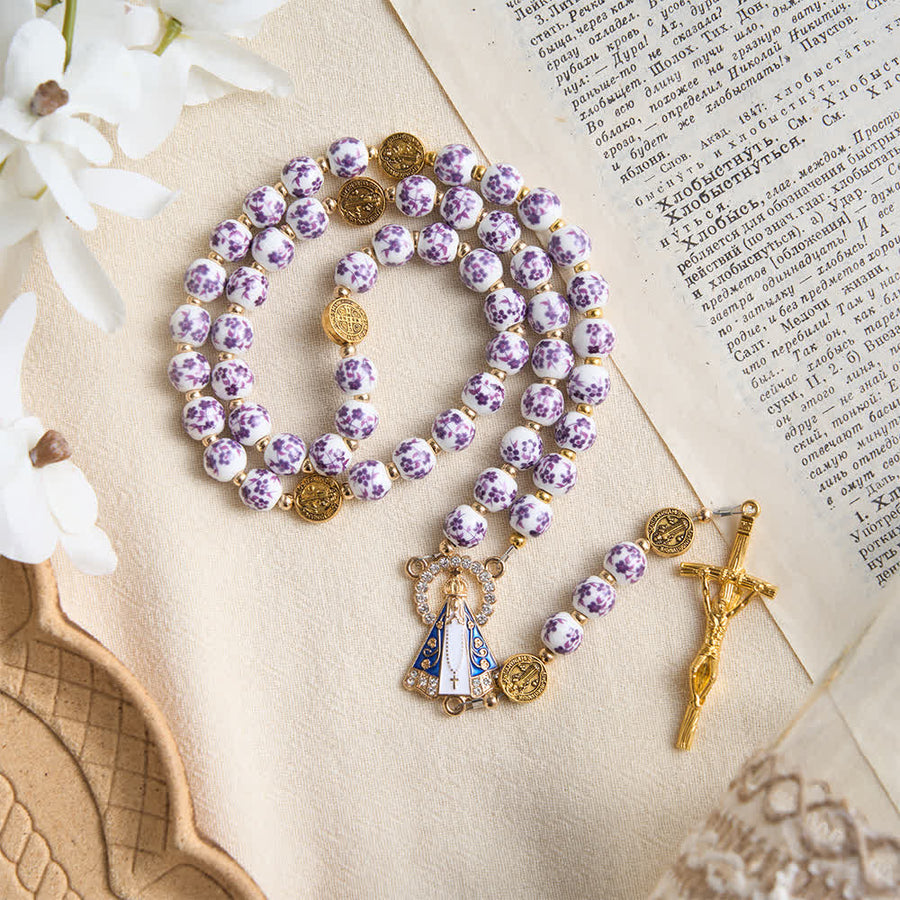 Three-Styled Vintage Floral‑Print Porcelain Rosary & Our Lady Of Aparecida Charm