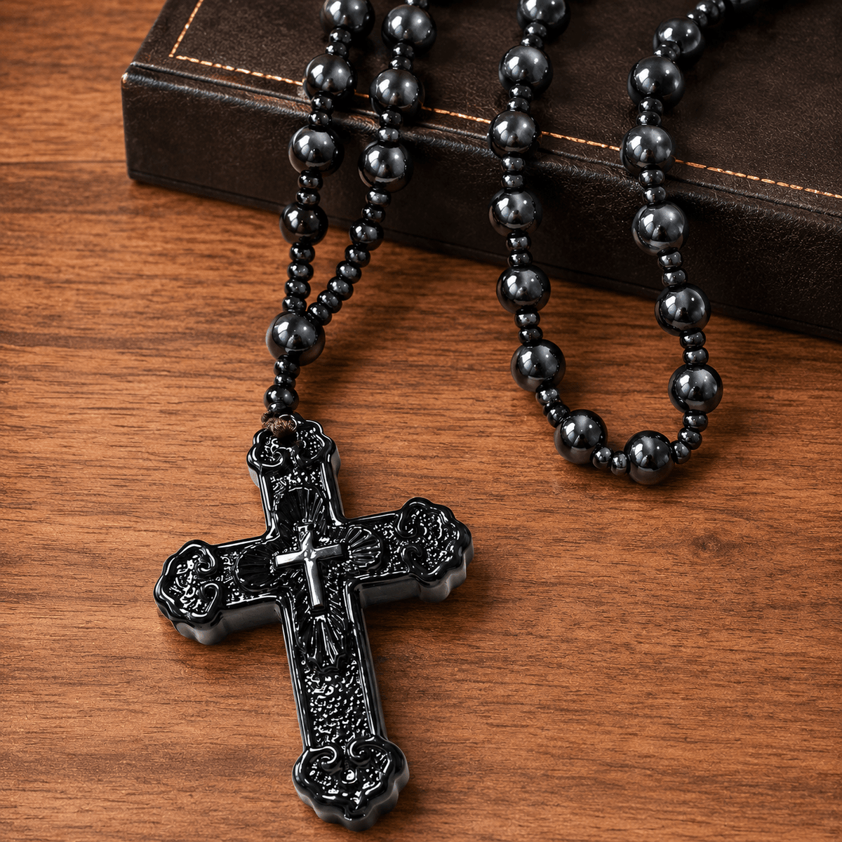 Textured Glass Cross Pendant With Beaded Strand: Emblem of Serene Divine Grace