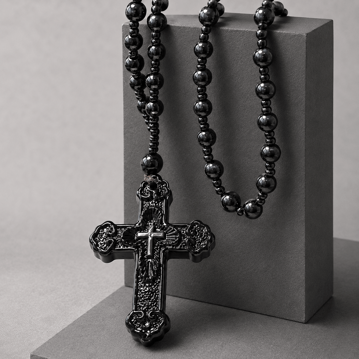Textured Glass Cross Pendant With Beaded Strand: Emblem of Serene Divine Grace