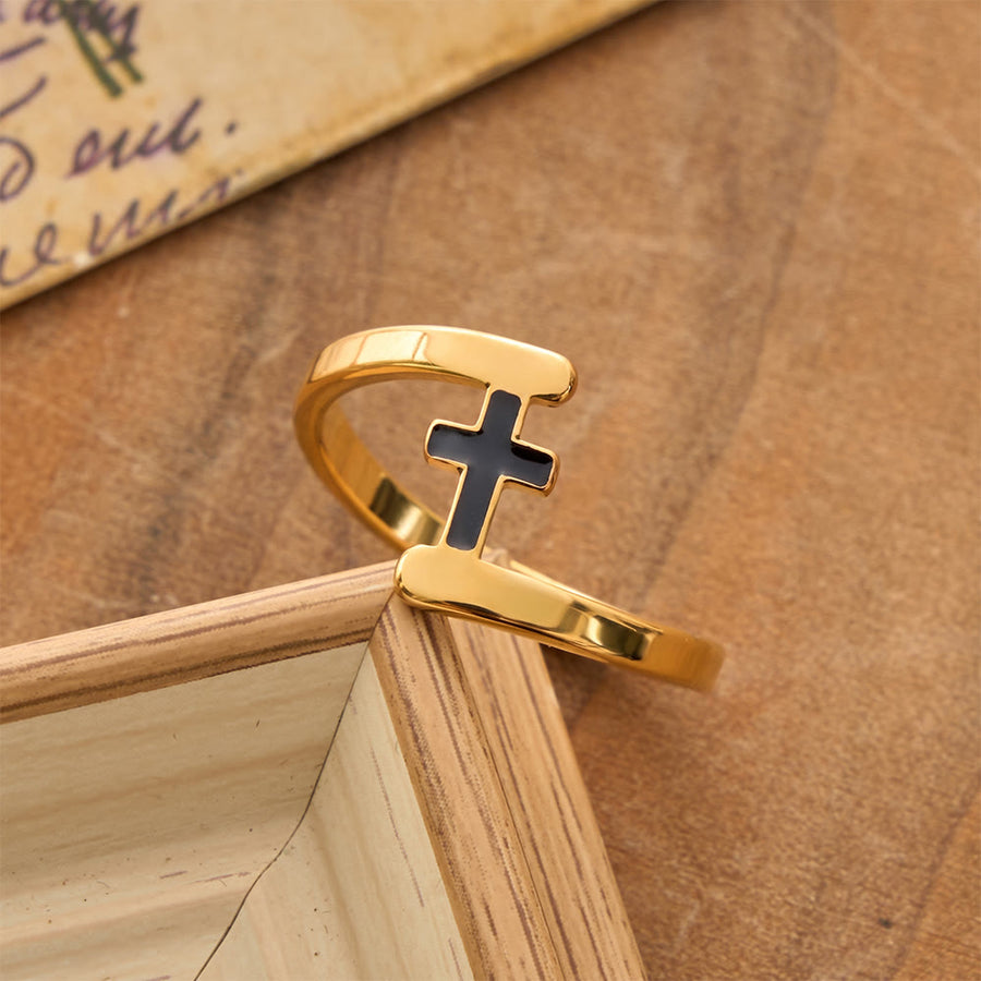 Curved Frame Black Inlay Cross Ring: Token of Enduring Celestial Guidance