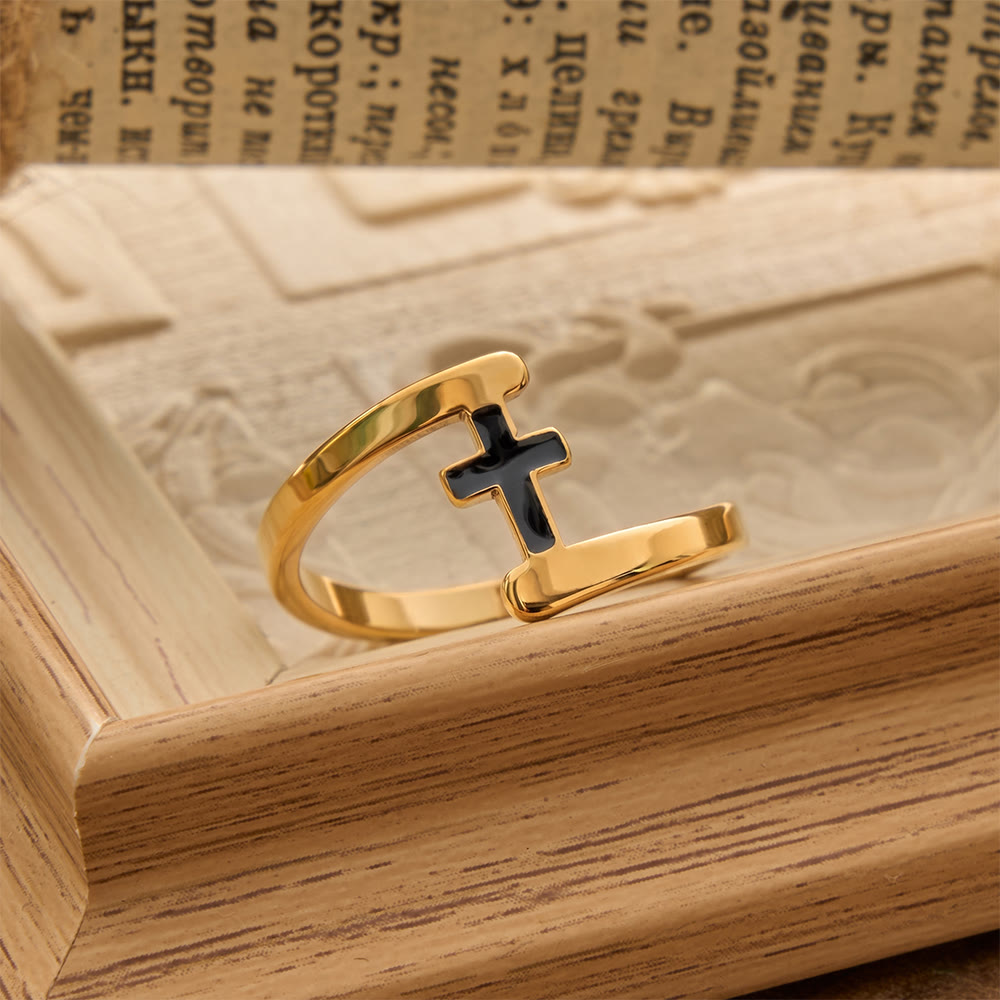 Curved Frame Black Inlay Cross Ring: Token of Enduring Celestial Guidance